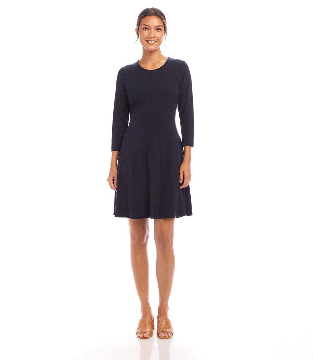 Petite size navy 3/4 sleeve fit and flare dress with scoop neck and front seam detail