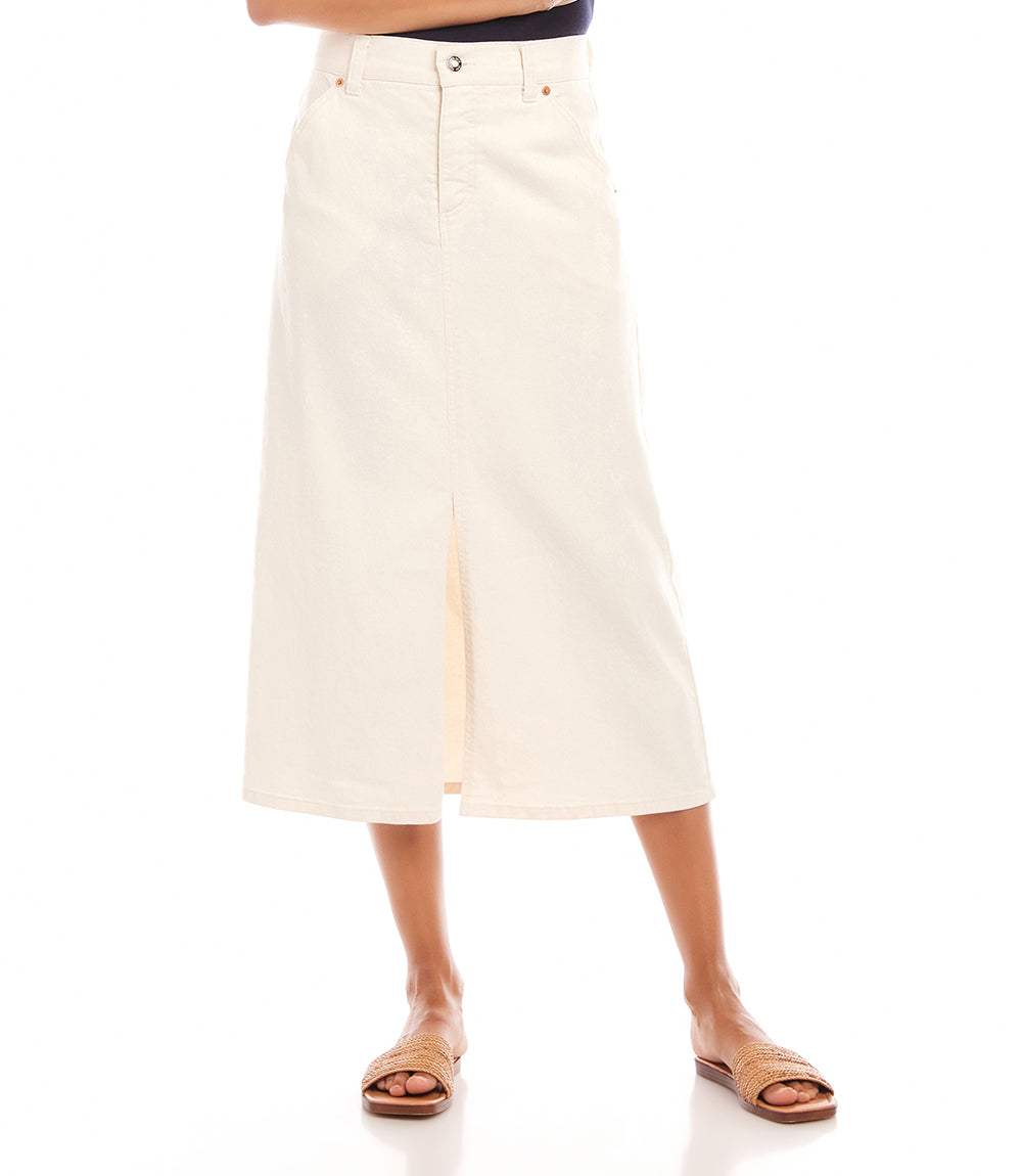 White denim midi skirt with front slit and button zipper closure, made from stretch denim with four pockets.