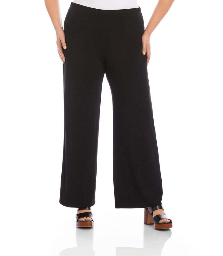 Plus size black wide-leg travel jersey pants with elastic waistband and pull-on style