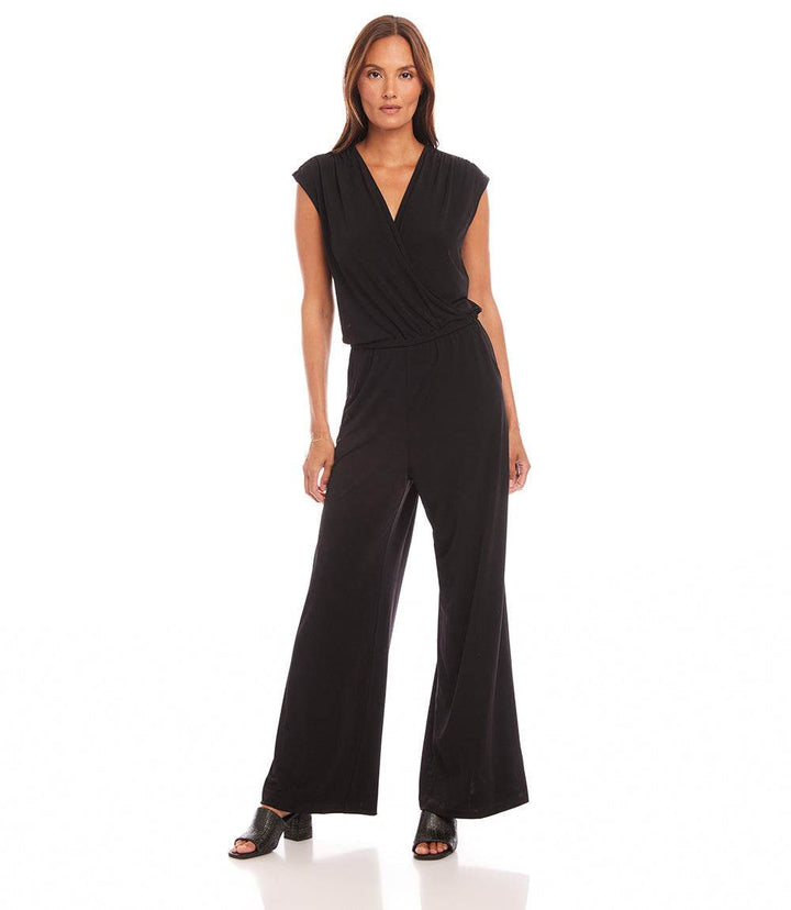 Petite size sleeveless black travel jersey jumpsuit with crossover V-neck and wide leg pants