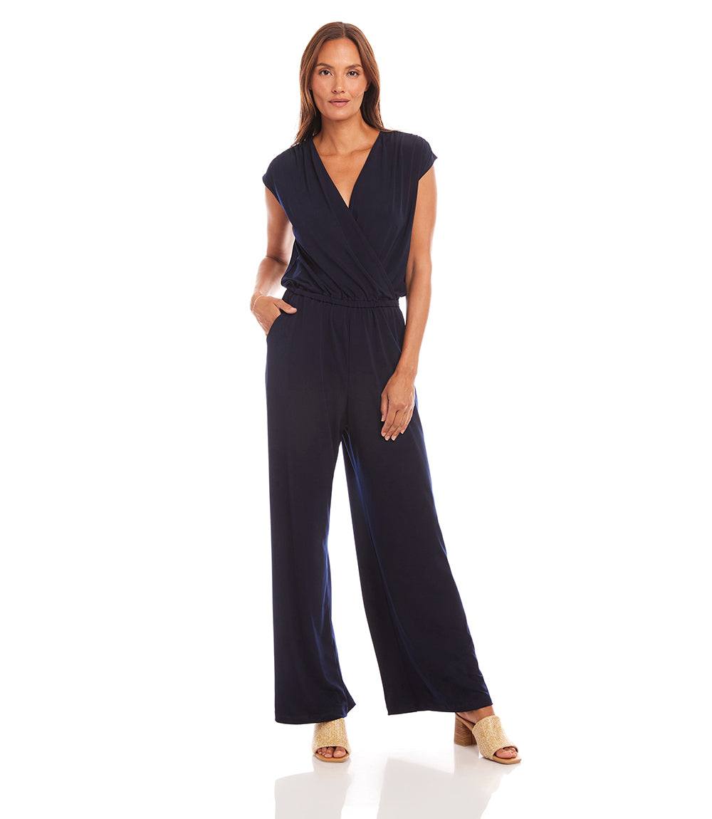 Petite size sleeveless navy travel jersey jumpsuit with crossover V-neck and elastic waistband
