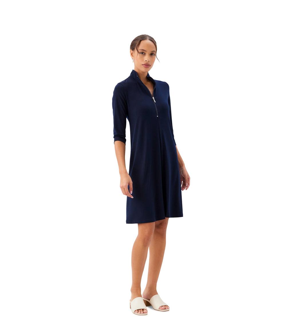 3 4 sleeve shirt dress Karen Kane Women's Quarter Zip Mock Neck Dress - Blue - Size XS