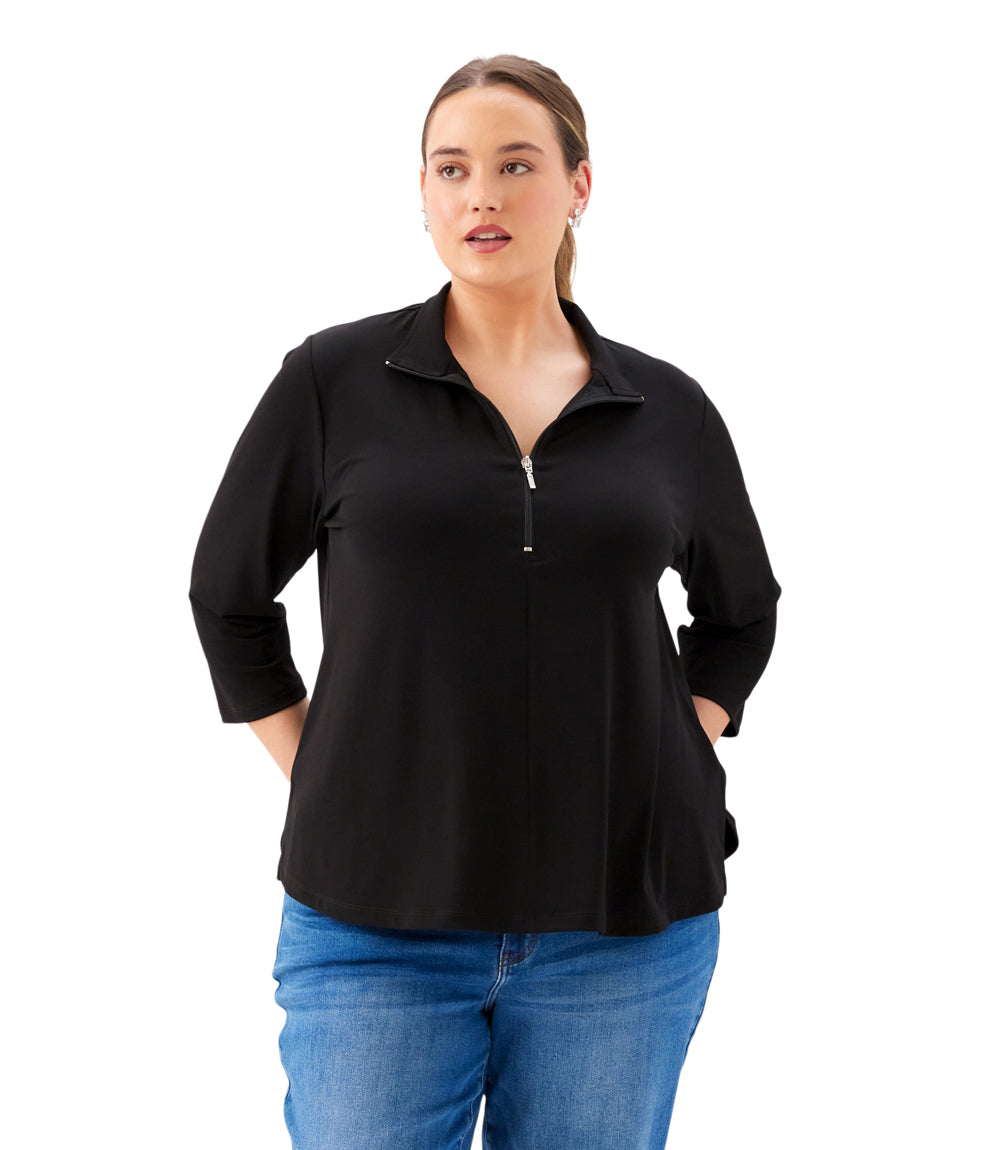 Plus Size 3/4 Sleeve Zip-Up Travel Jersey Top