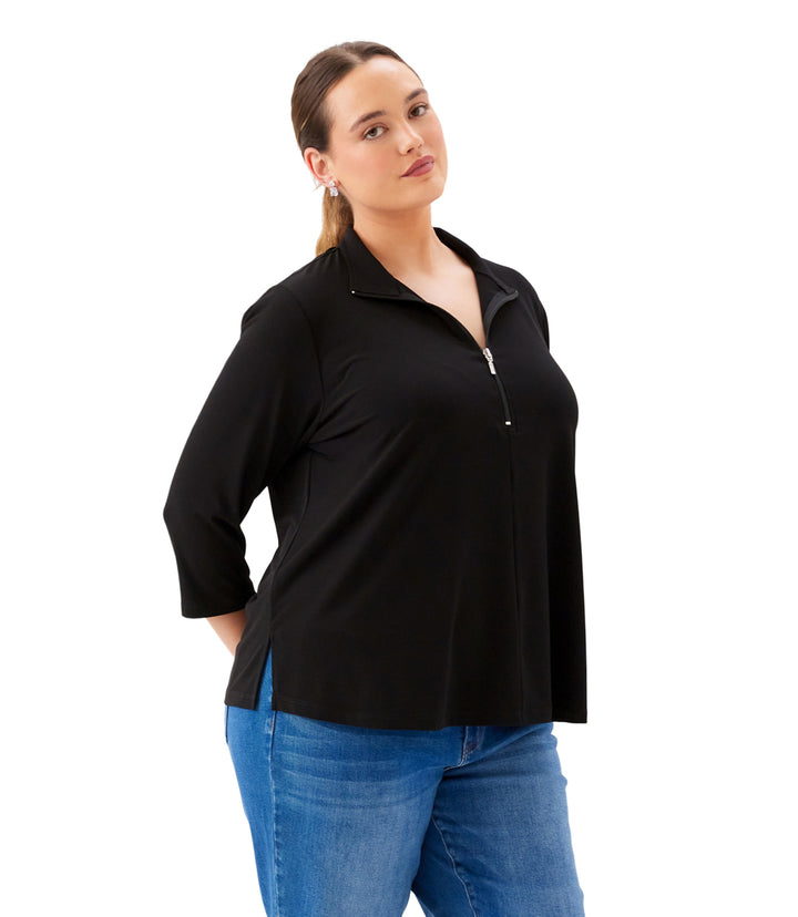 Plus Size 3/4 Sleeve Zip-Up Travel Jersey Top
