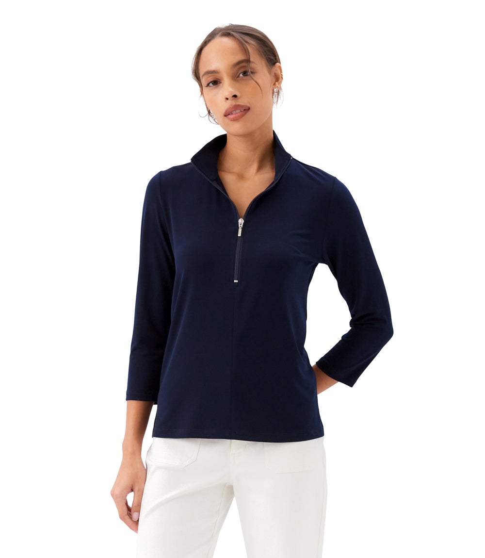 3/4 Sleeve Zip-Up Travel Jersey Top – Karen Kane