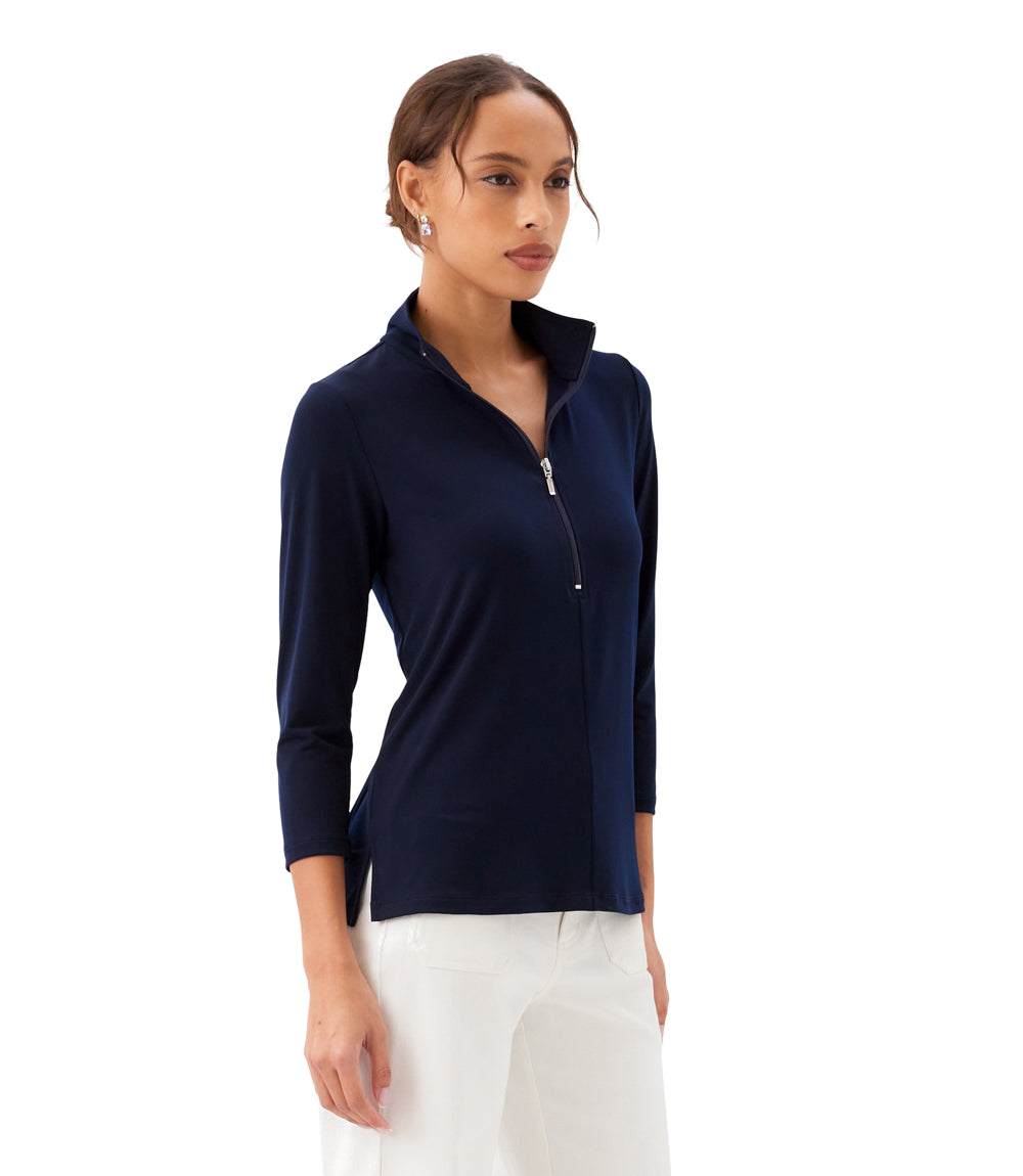 Petite Size 3/4 Sleeve Zip-Up Travel Jersey Top - Stylish