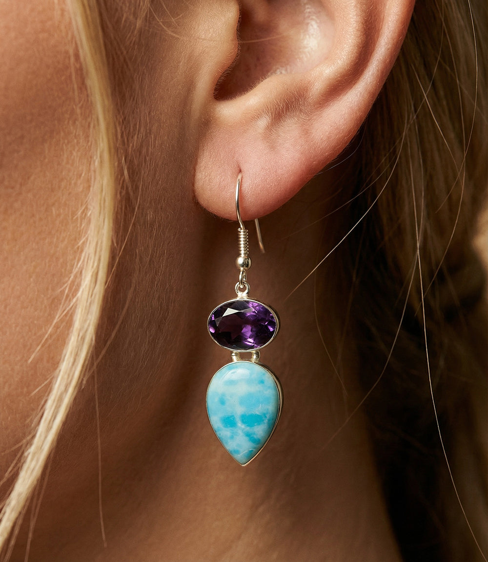 Larimar And Amethyst Drop Earrings