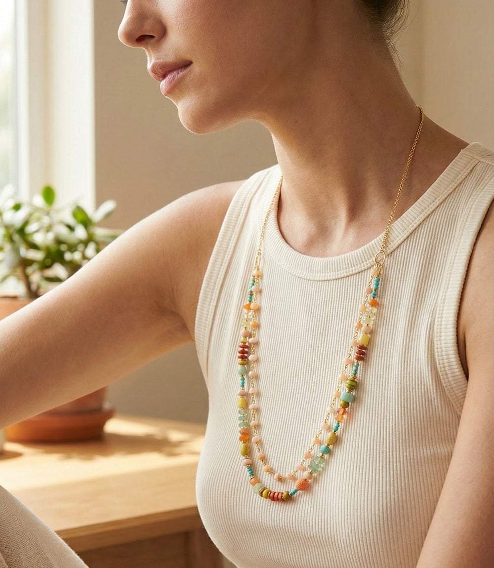 Mixed gemstone multistrand necklace with red jasper, amazonite, turquoise, and matte gold plated brass clasp