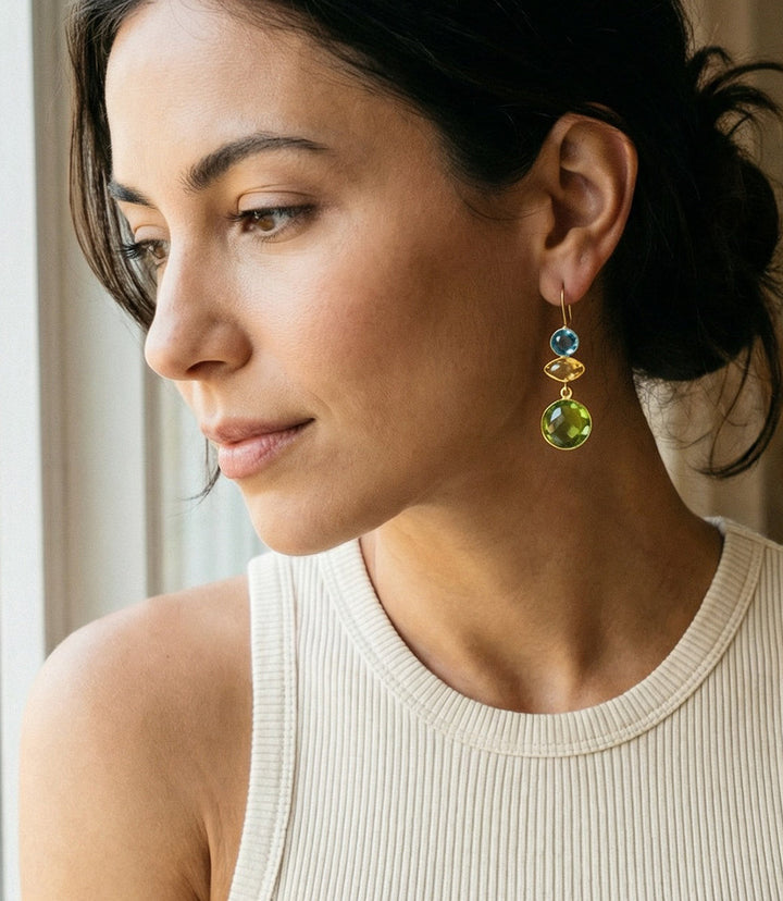 Multicolor gem earrings with blue topaz, citrine, and peridot in gold-tone bezel