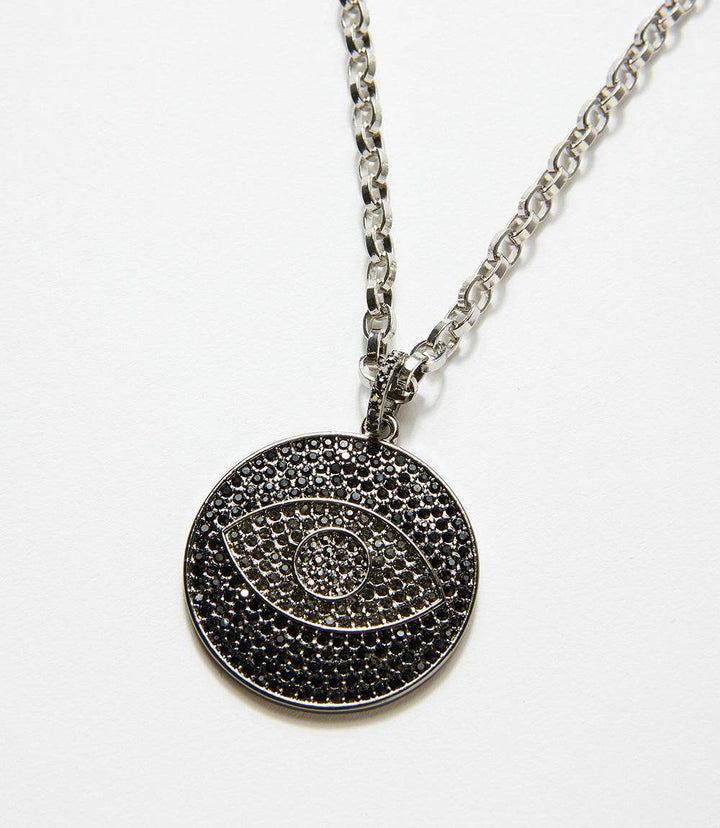 Silver Pavé crystal pendant necklace with black onyx evil eye motif and rolo chain