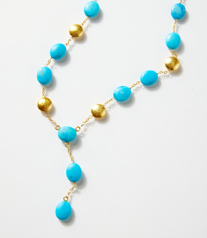 Beaded Turquoise And Gold Lariat Necklace