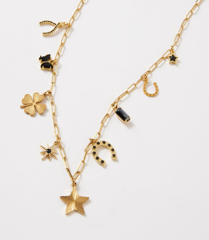 Good Luck Charm Necklace with nine unique gold charms on a delicate 16K gold-plated chain