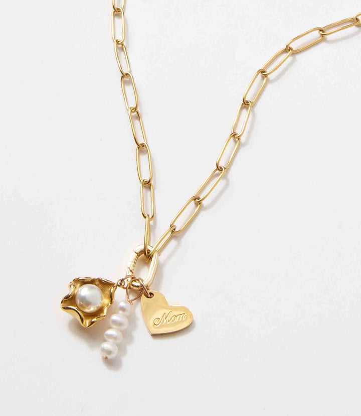 Gold "I Love You Mom" necklace with freshwater pearls and heart pendant on 16K gold plated chain