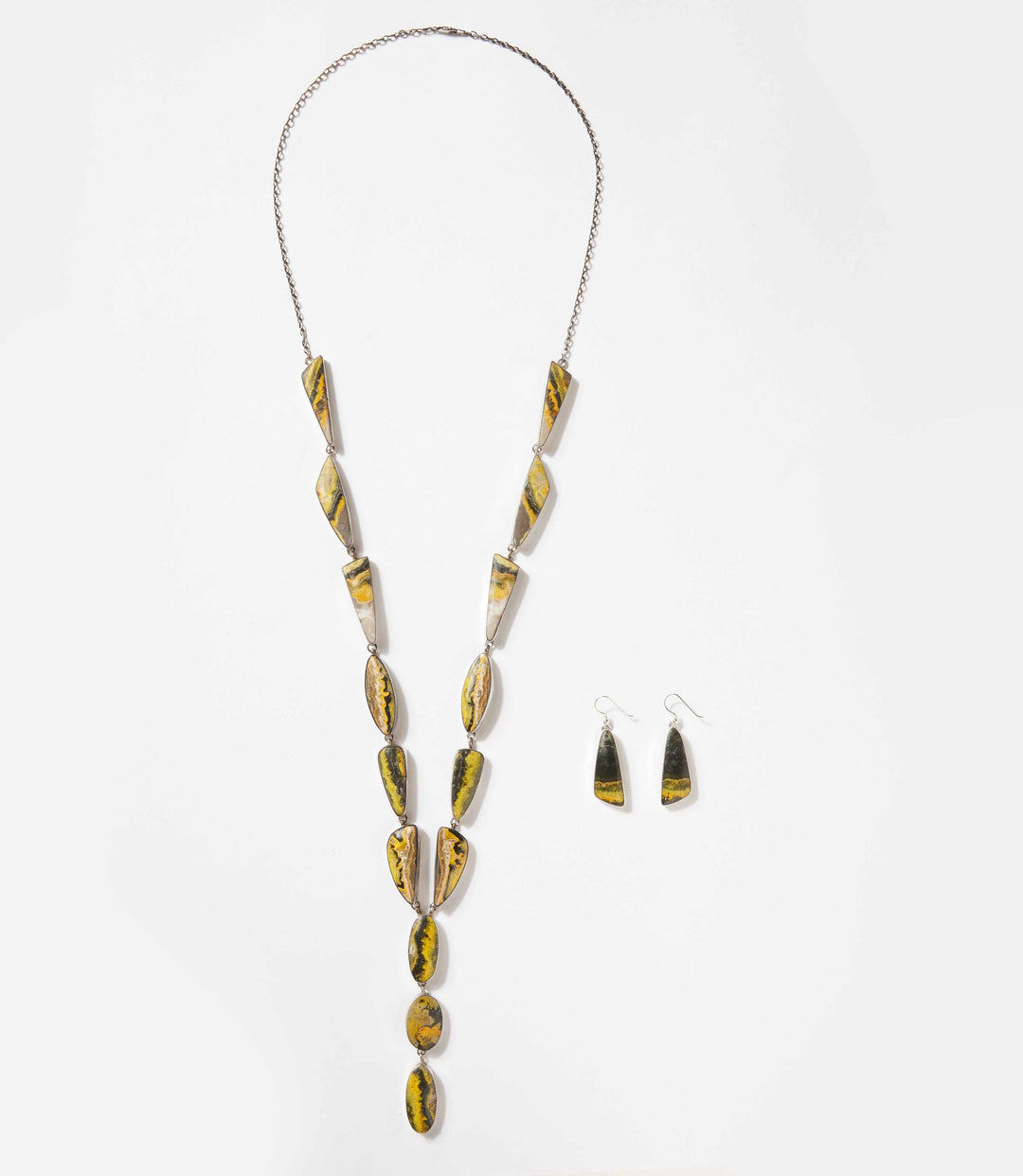 Bumblebee Jasper lariat necklace and matching earrings set in sterling silver with yellow and black banded stones