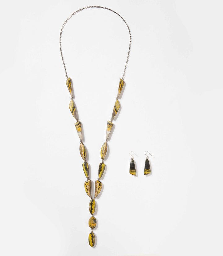 Bumblebee Jasper lariat necklace and matching earrings set in sterling silver with yellow and black banded stones