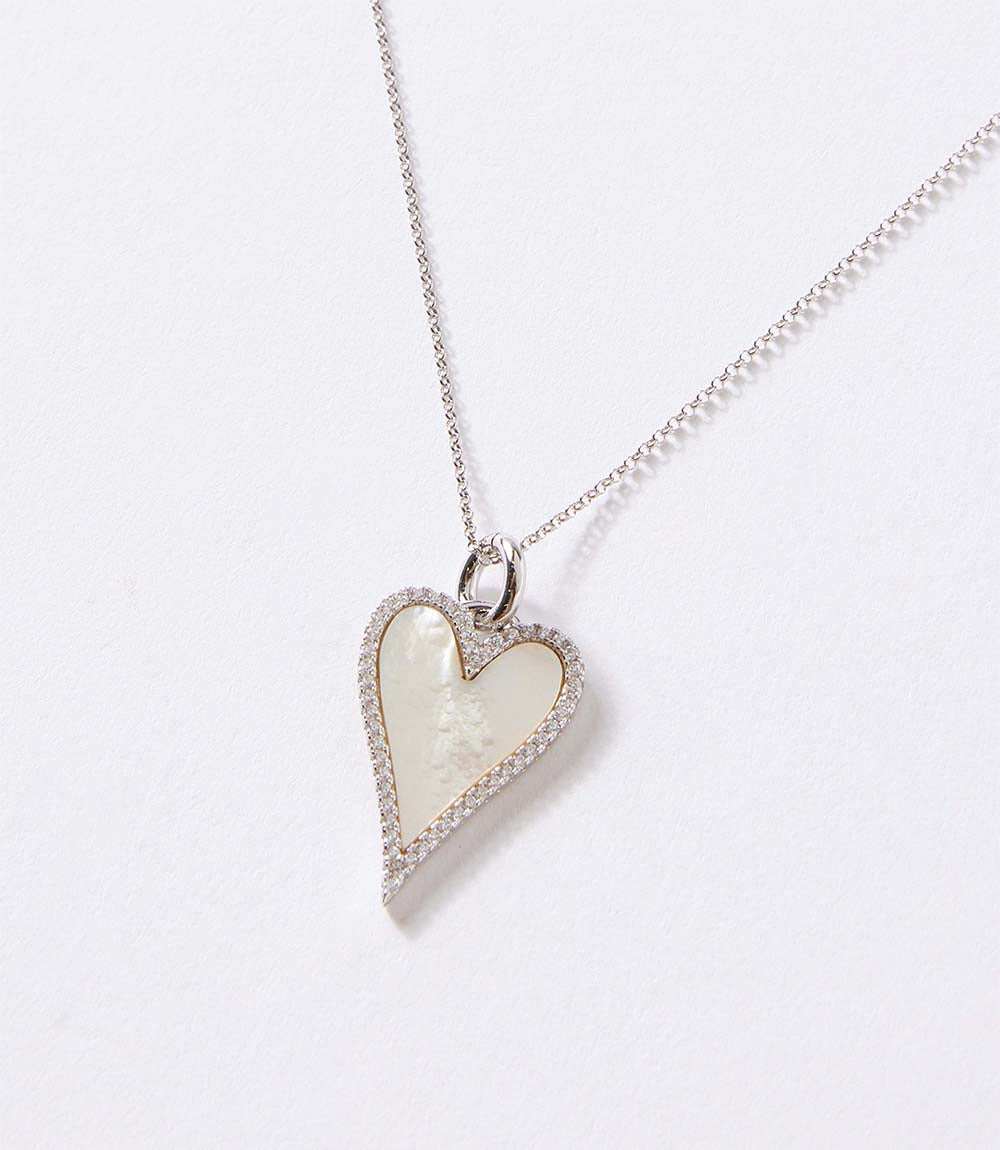 Pavé mother of pearl heart necklace with rhodium-plated silver chain and crystal accents