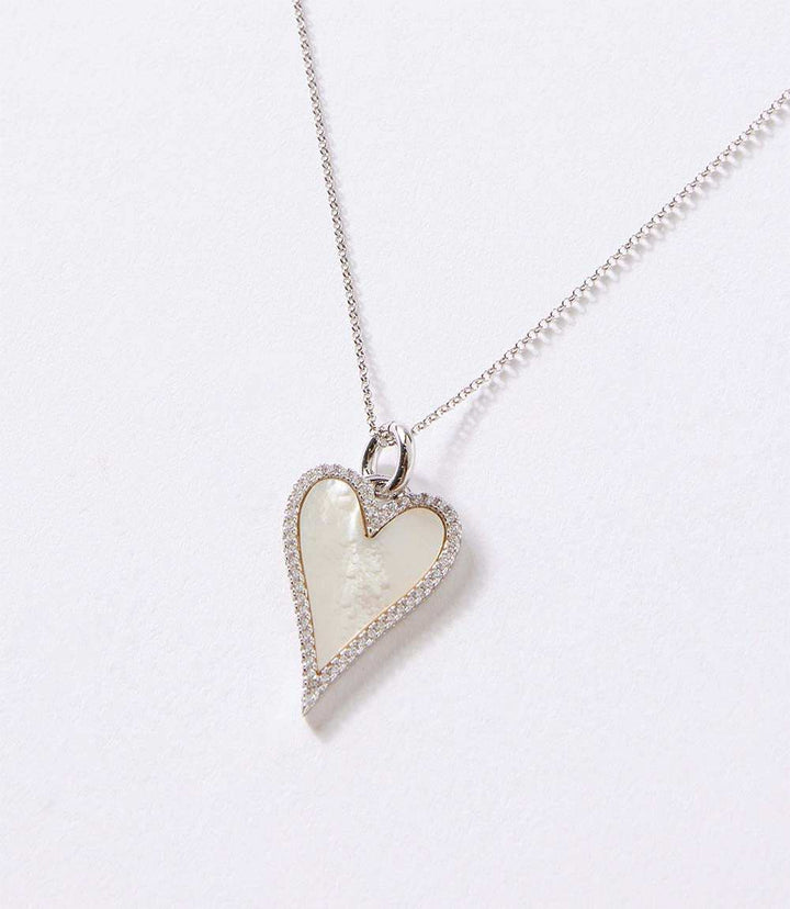 Pavé mother of pearl heart necklace with rhodium-plated silver chain and crystal accents