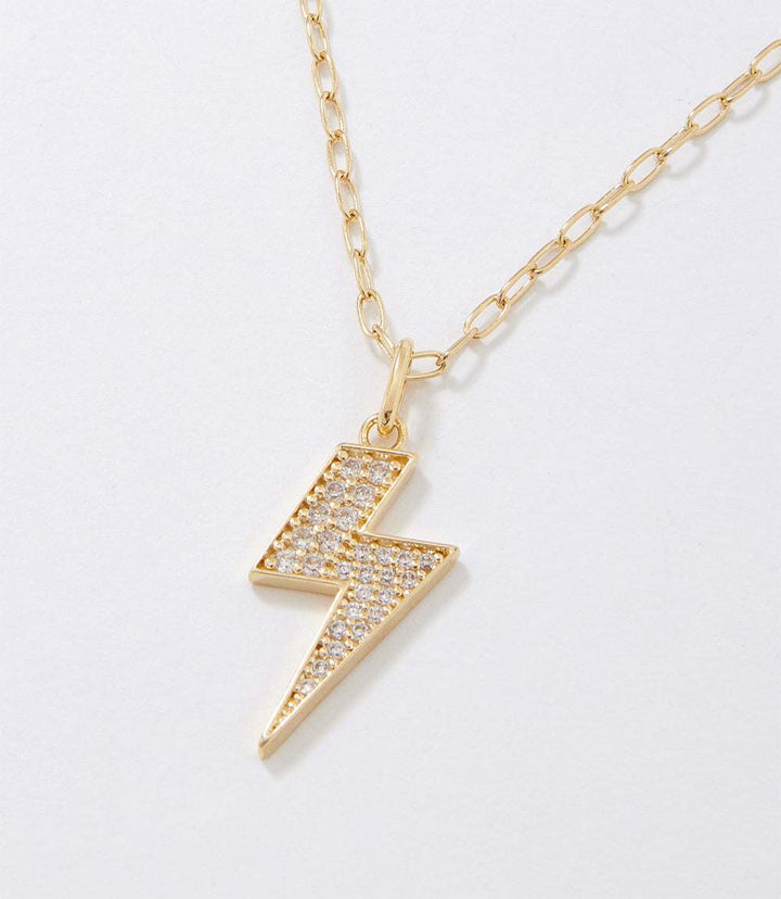 18k gold filled pavé lightning bolt necklace with micro pave cubic zirconia stones pendant on chain