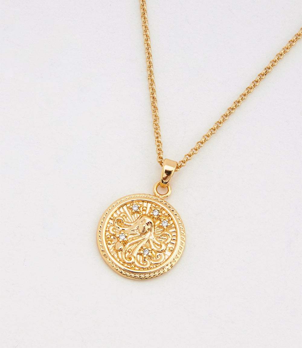 18k gold filled Virgo Coin Necklace with micro pave cubic zirconia stones pendant on a delicate chain