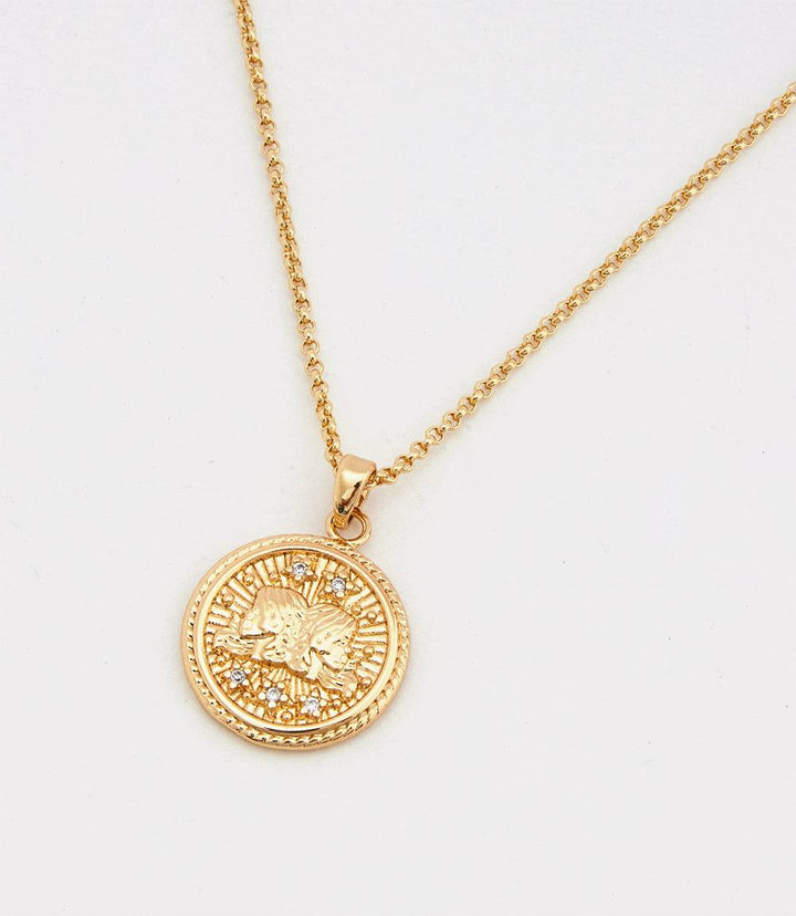 18k gold filled Gemini Coin Necklace with micro pave cubic zirconia stones, zodiac pendant on gold chain
