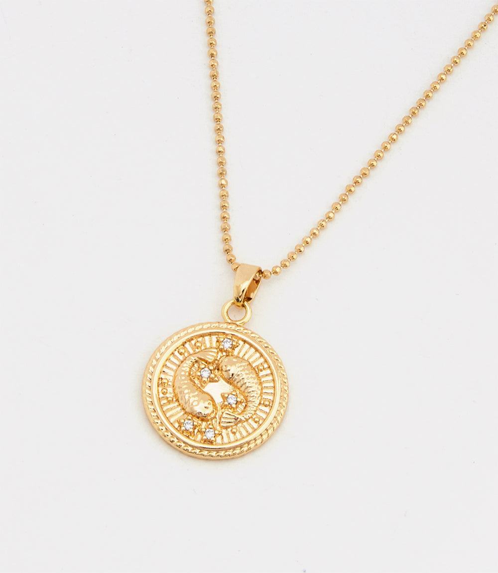 18k gold filled Pisces Coin Necklace with micro pave cubic zirconia stones and zodiac Pisces symbol pendant