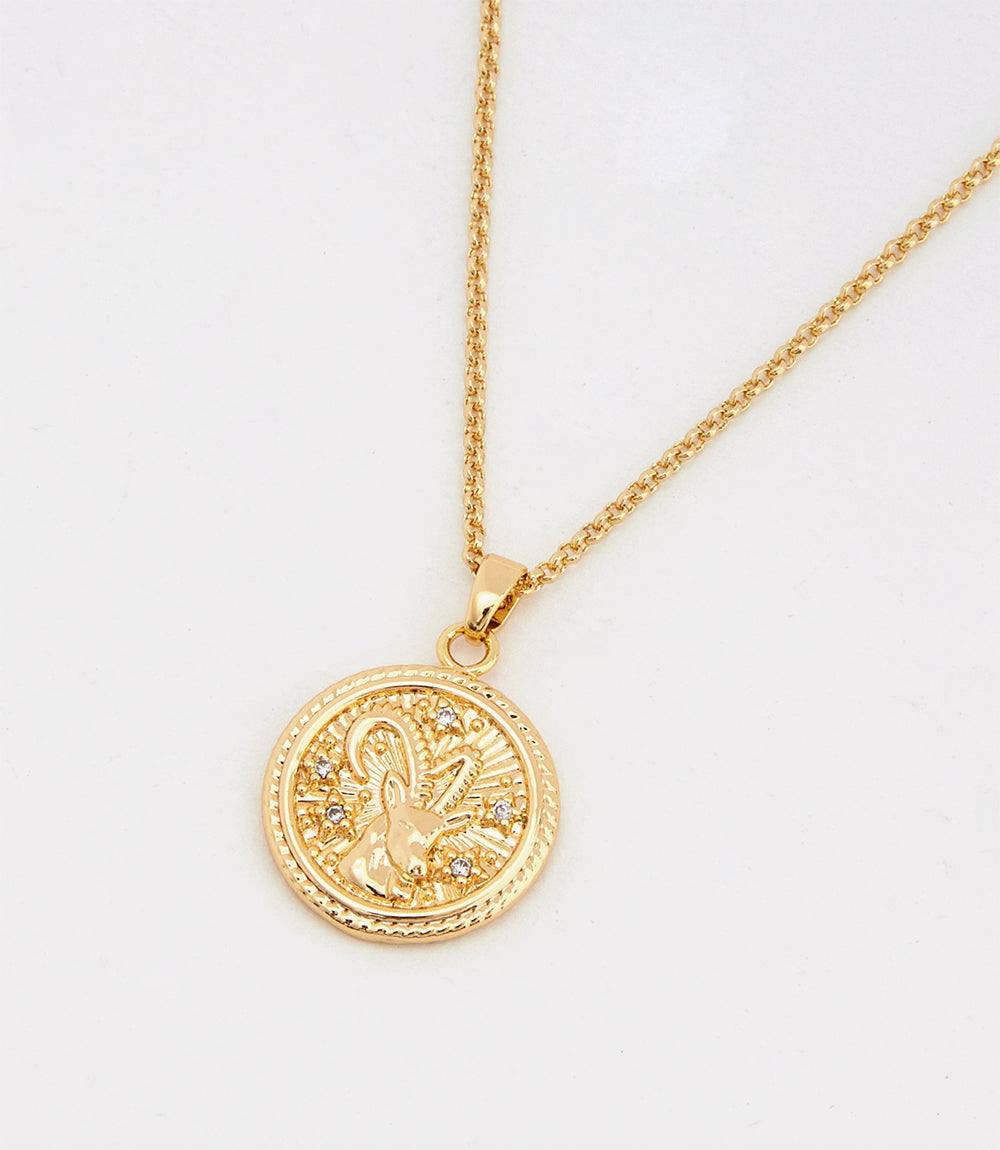 18k gold filled Capricorn coin necklace with micro pave cubic zirconia stones on a delicate chain