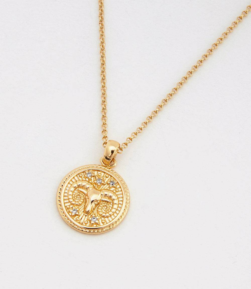 18k gold-filled Aries Coin Necklace with micro pave cubic zirconia stones on a delicate chain, zodiac fire sign design