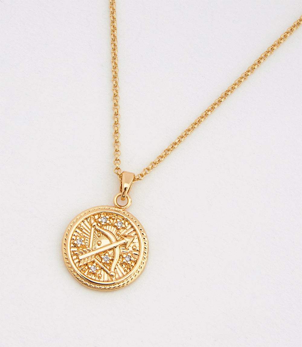 18K gold-filled Sagittarius coin necklace with micro pave cubic zirconia stones on a delicate chain