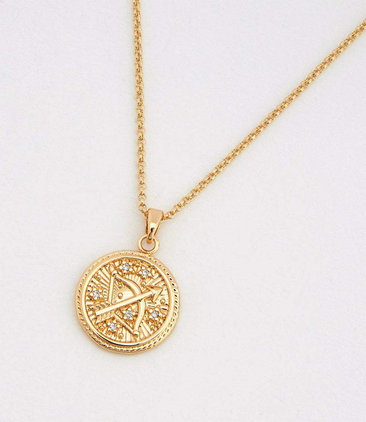18K gold-filled Sagittarius coin necklace with micro pave cubic zirconia stones on a delicate chain