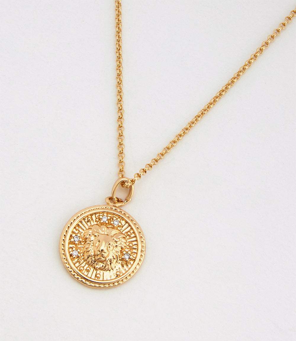 Gold 18K Leo Coin Necklace with micro pave cubic zirconia stones and lion zodiac design on pendant