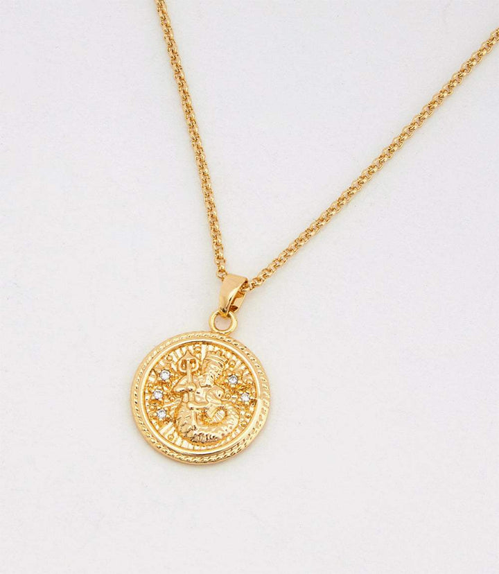 18K gold filled Aquarius coin necklace with micro pave cubic zirconia stones on gold chain