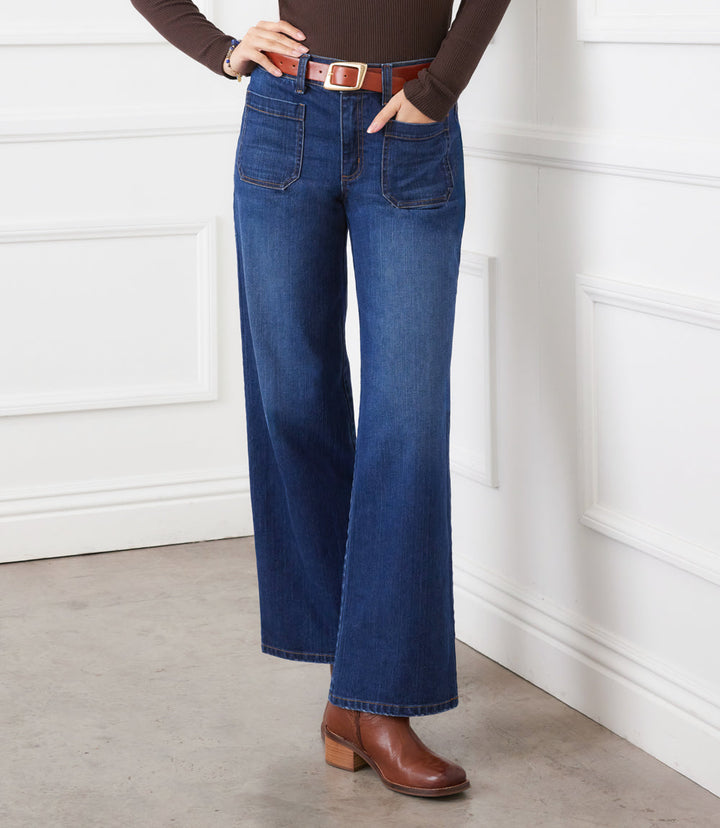Lauren Patch Pocket Jeans in wide-leg vintage style with front patch pockets, high-rise, and stretch denim fabric
