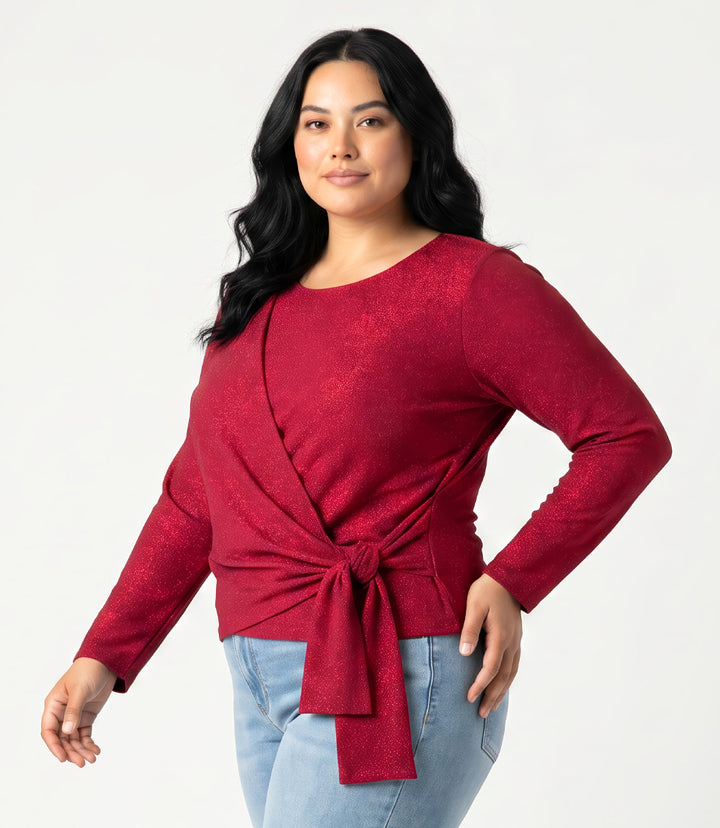 Plus Size Long Sleeve Metallic Knit Side-Tie Top