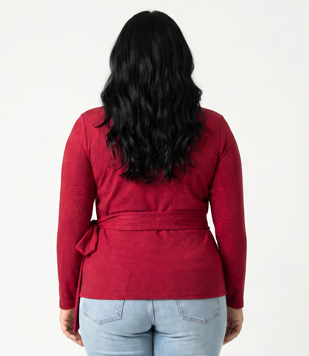 Plus Size Long Sleeve Metallic Knit Side-Tie Top