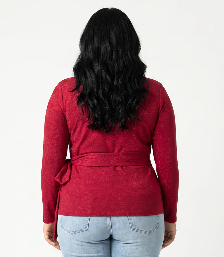 Plus Size Long Sleeve Metallic Knit Side-Tie Top