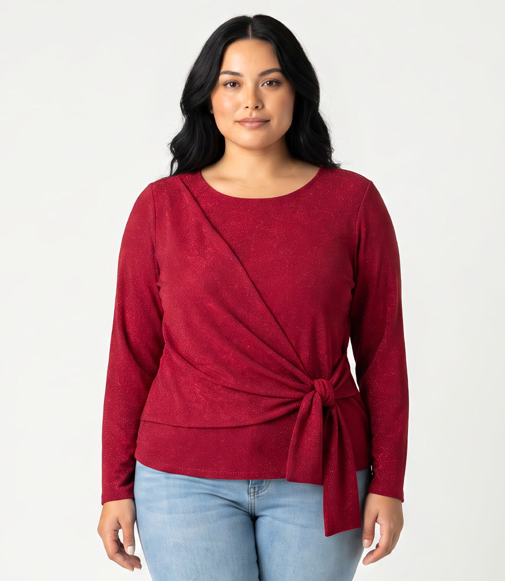 Plus Size Long Sleeve Metallic Knit Side-Tie Top