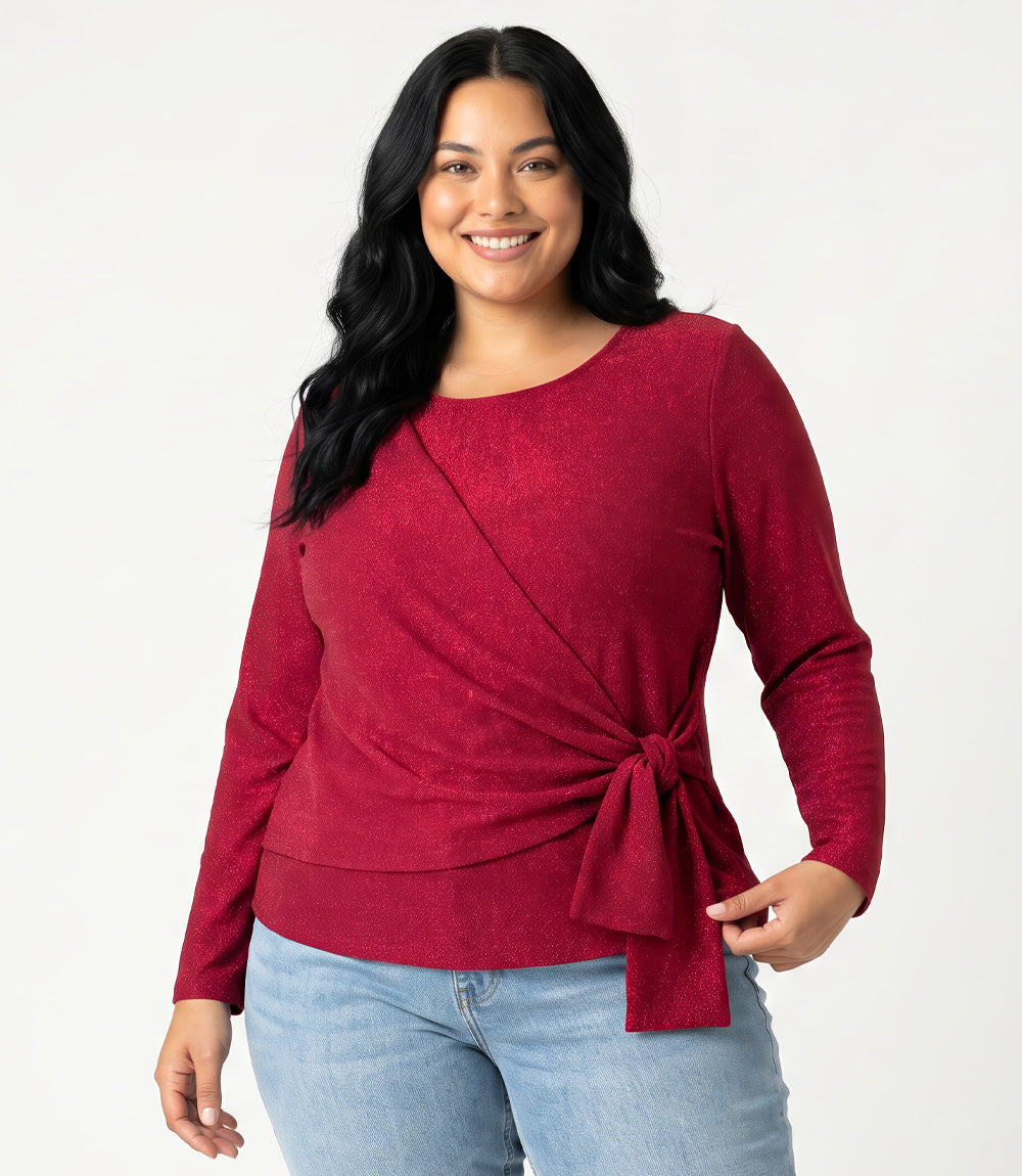 Plus Size Long Sleeve Metallic Knit Side-Tie Top