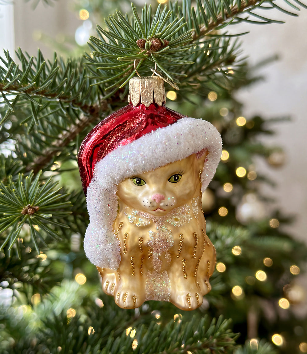 Santa's Kitten Glass Ornament