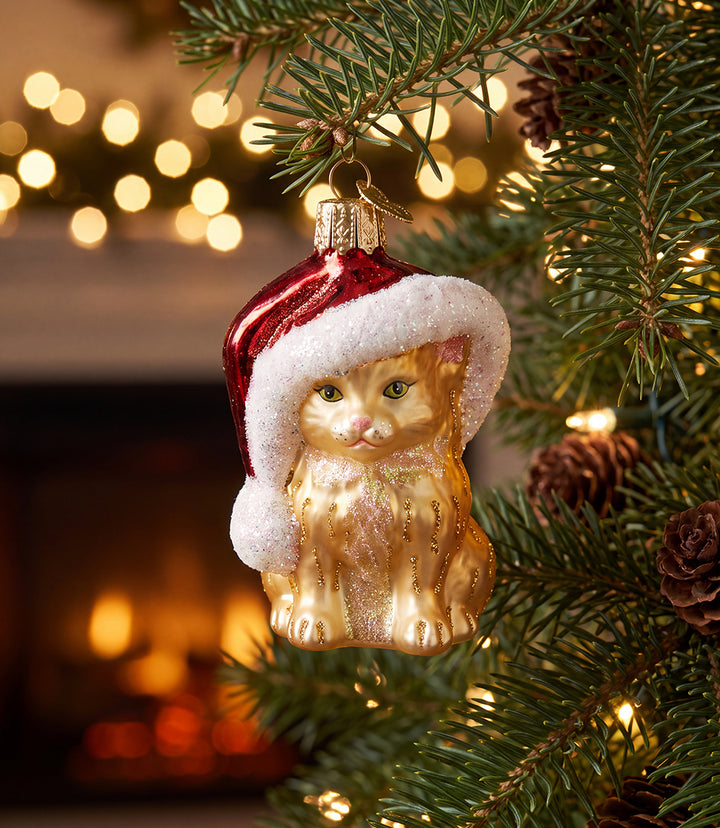 Santa's Kitten Glass Ornament