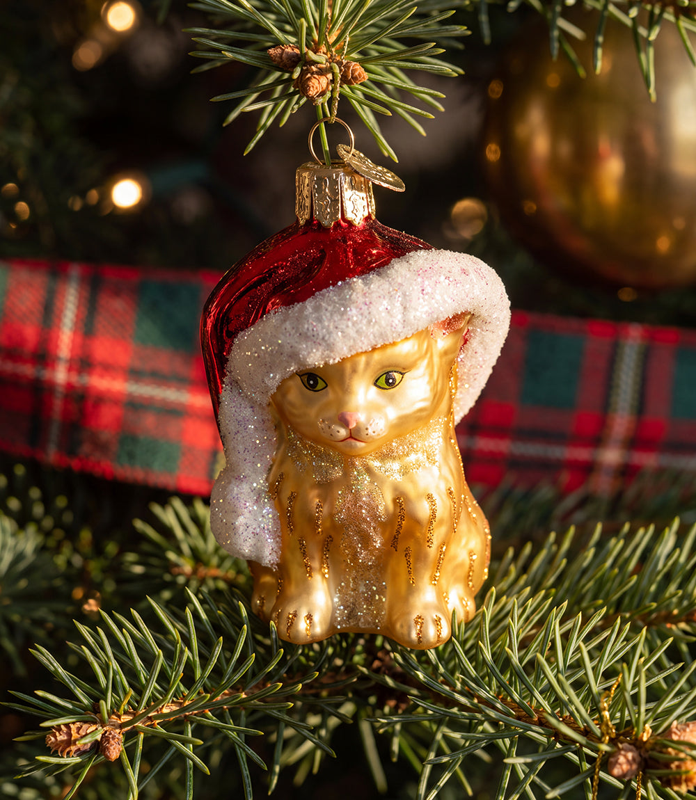 Santa's Kitten Glass Ornament