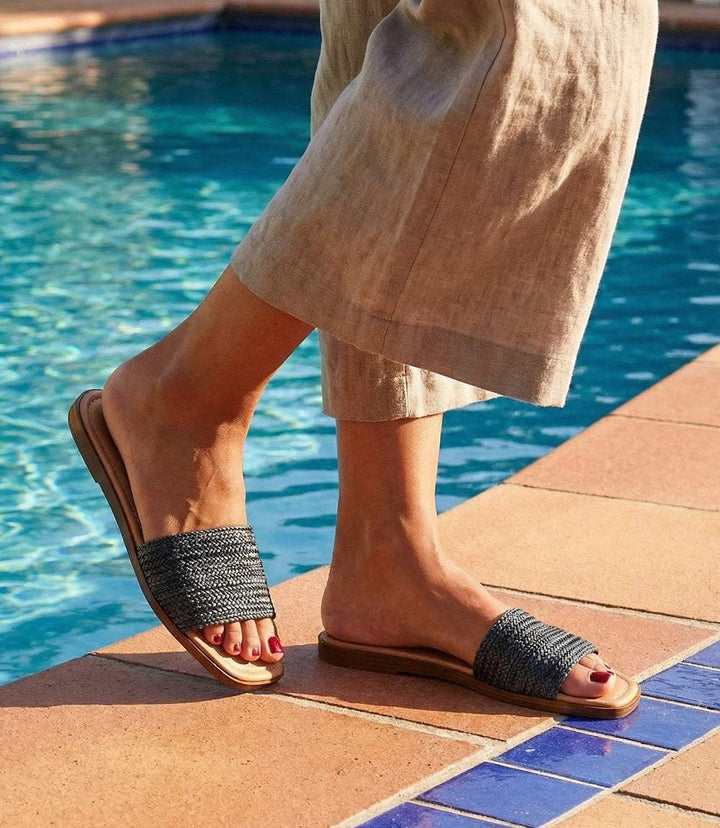 Palm Perfection Sandals black raffia woven slides with square toe platform