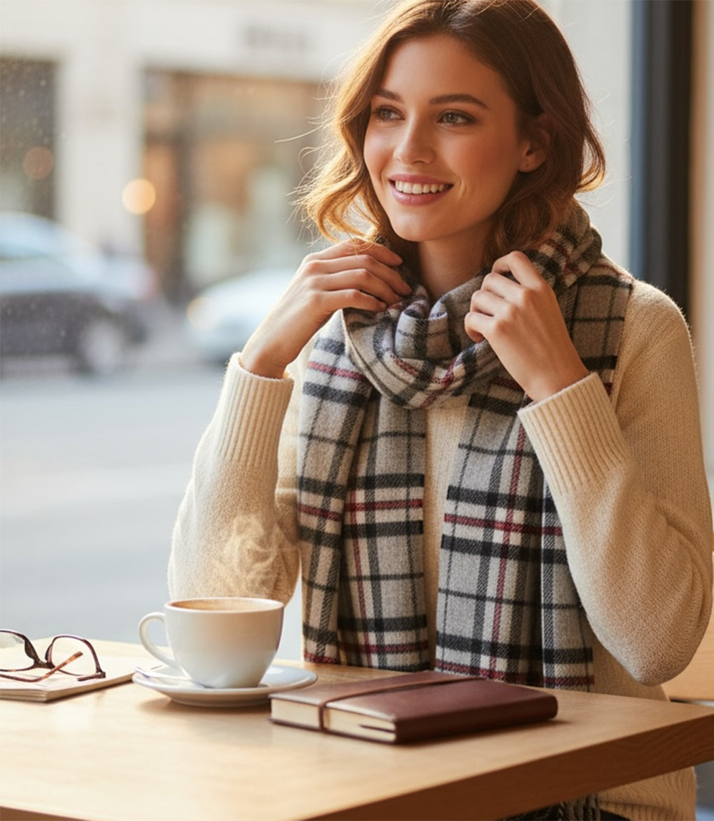 Merino Wool Fringed Plaid Scarf