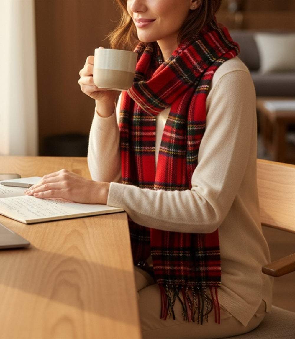 Merino Wool Fringed Plaid Scarf