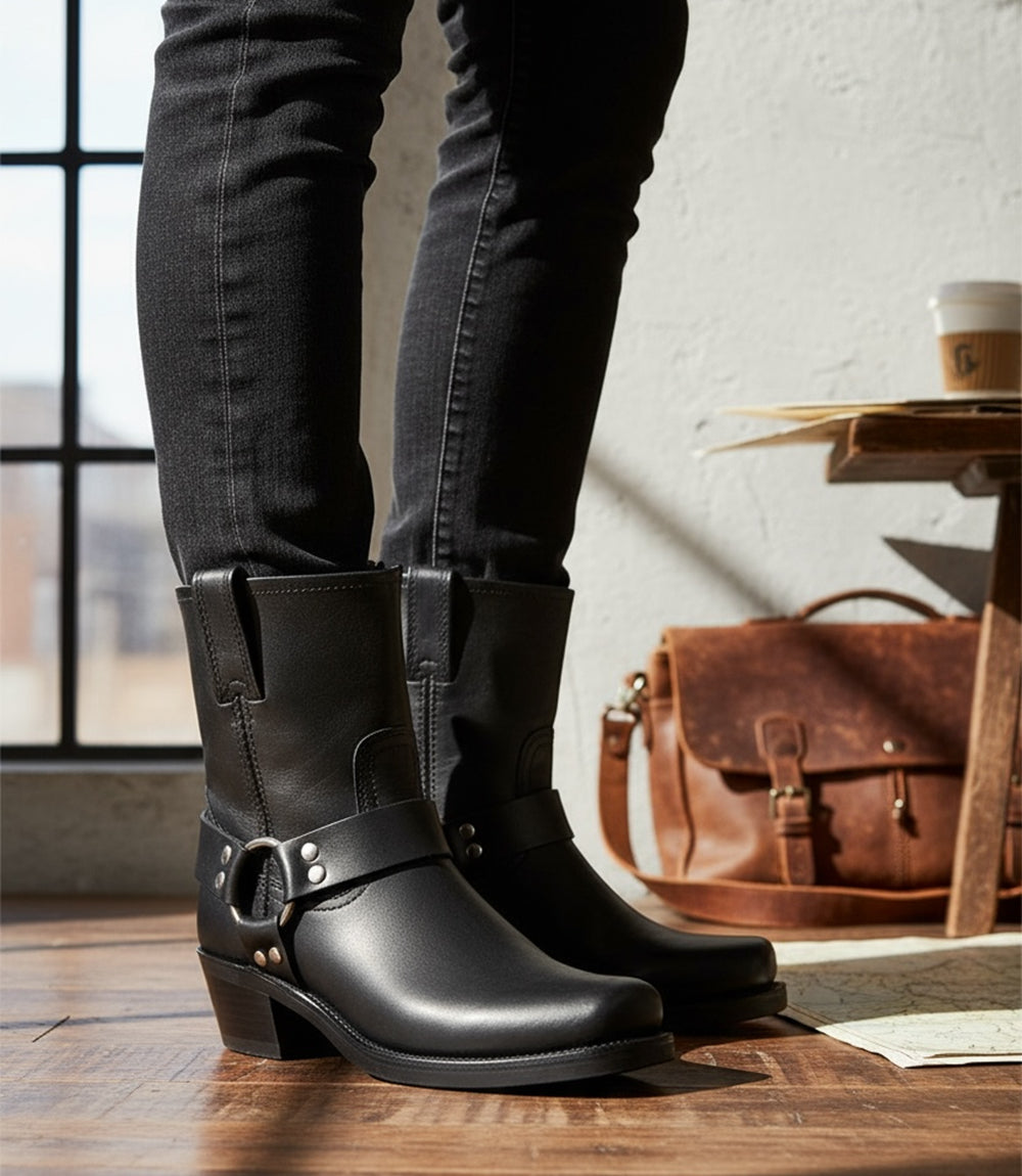 Black Frye Harness 8R mid moto boots with metal ring detail and block heel worn with black pants