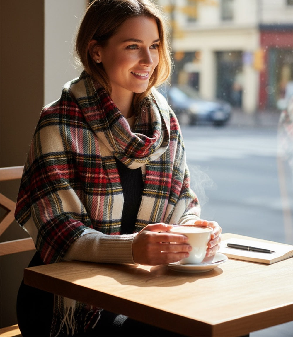Woman wearing merino wool fringed plaid scarf enjoying a hot drink indoors