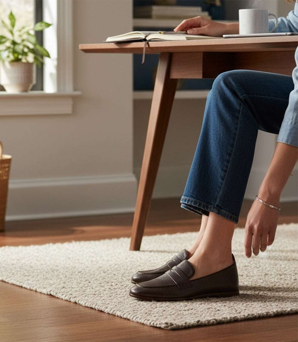 Brown Frye Faith Loafers in Natural Milled Nappa Leather with penny strap and moc-toe stitching worn indoors