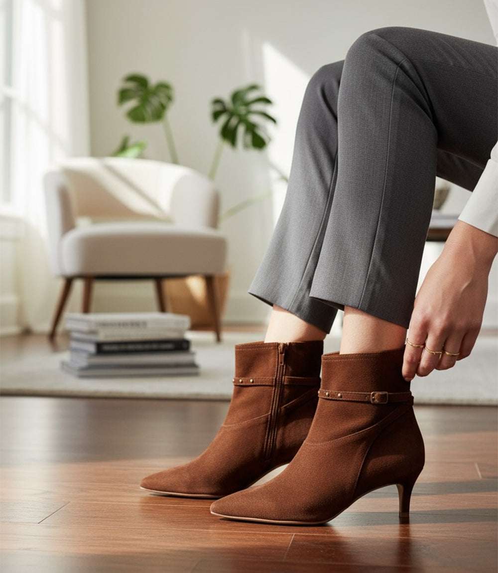 Seychelles Milan Booties in chocolate suede with pointed toe, 2-inch kitten heel, and studded wraparound ankle strap.