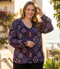 Plus Long Sleeve Shirred Blouse