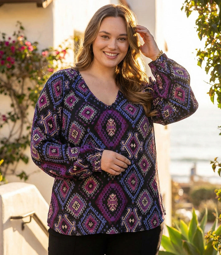 Plus Long Sleeve Shirred Blouse