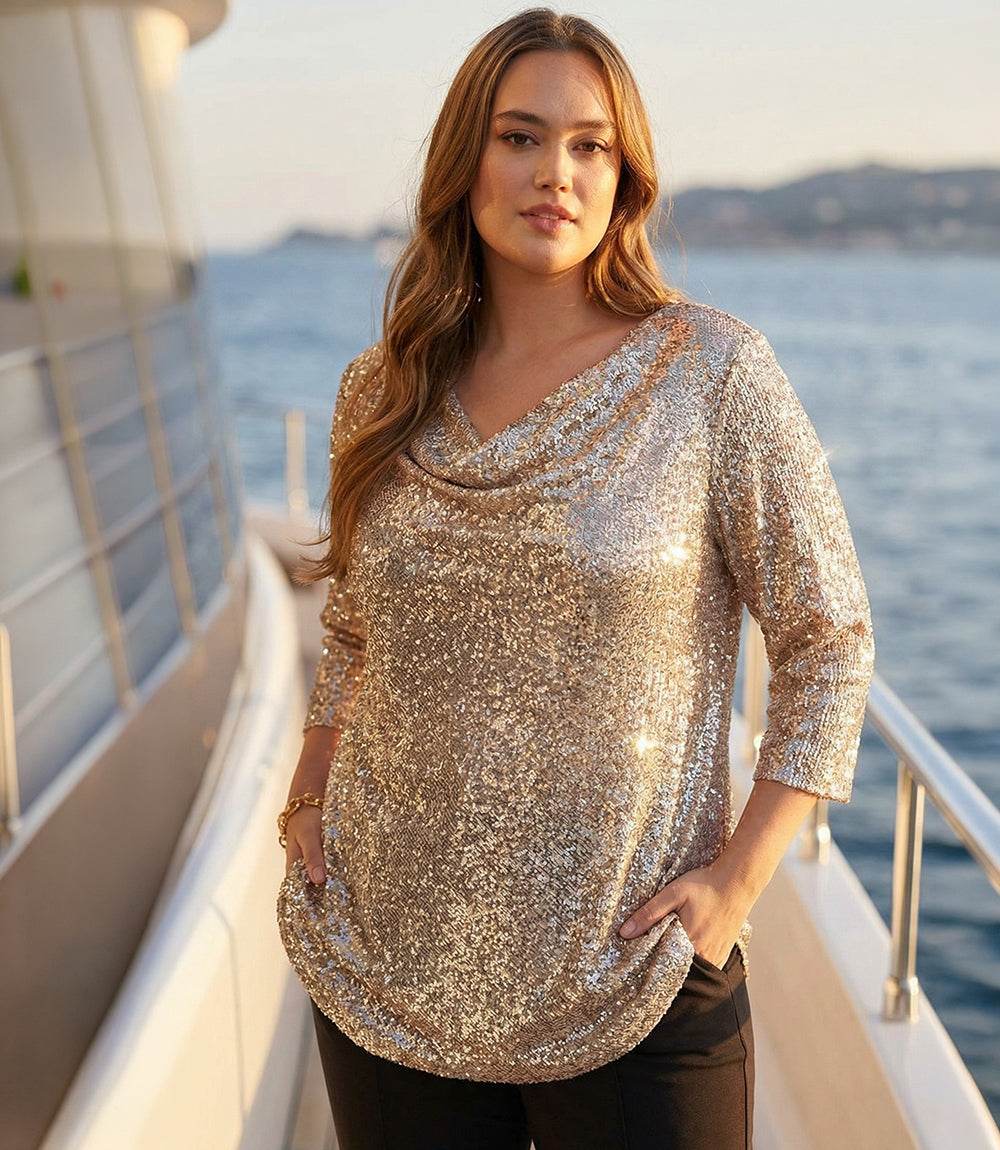 Plus Size 3/4 Sleeve Drape Front Sequin Top